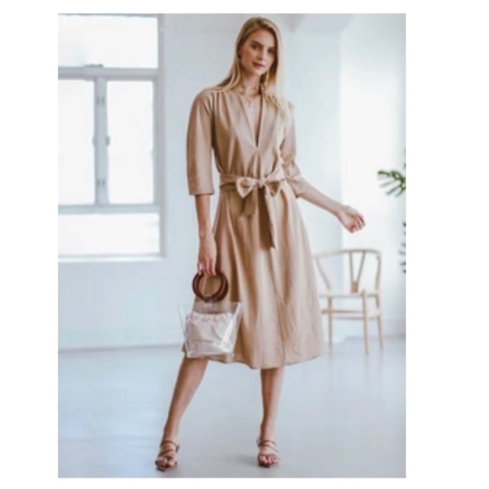Goodnight Macaroon ‘Saylor’ V-Neck Belted Midi Dress Tan Size L NWT